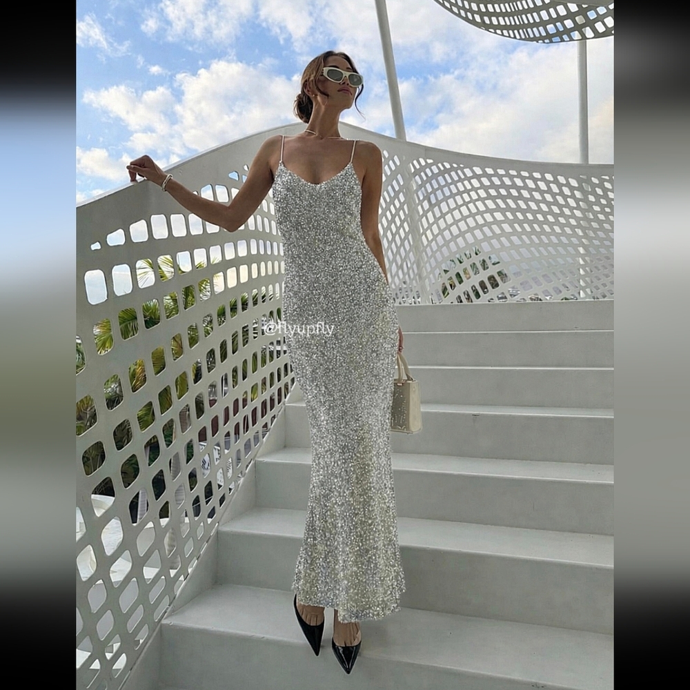 Zara Sequin Dress Silver Maxi Long Size XL